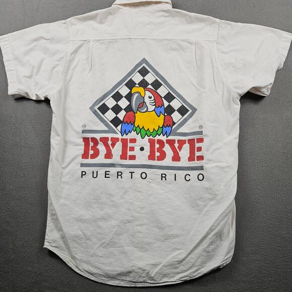 Vintage Bye Bye Puerto Rico Parrot Button Up Shirt 90s Cream Men's Medium - Picture 1 of 8
